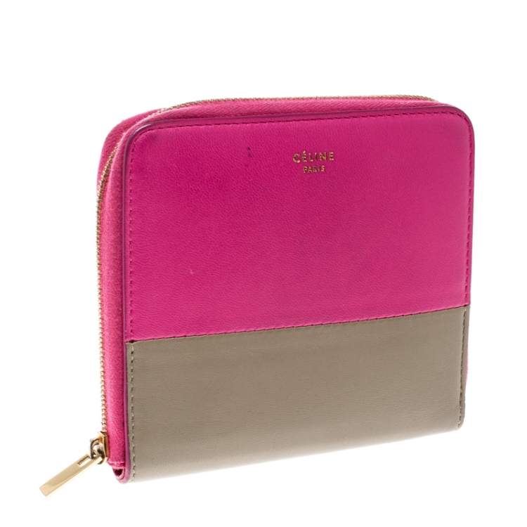 Pre Owned Celine Pink/Beige Leather Zip Around Compact Wallet