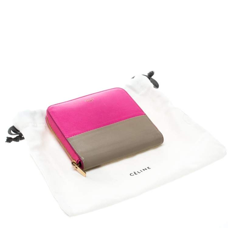 Pre Owned Celine Pink/Beige Leather Zip Around Compact Wallet