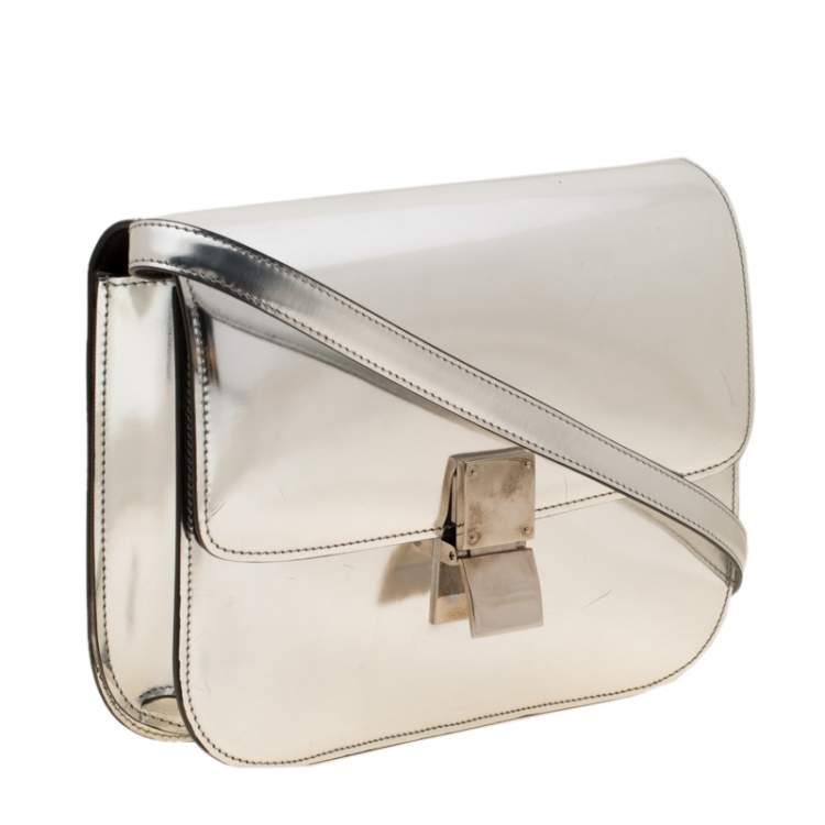 Pre Owned Celine Metallic Silver Leather Medium Classic Box Shoulder Bag