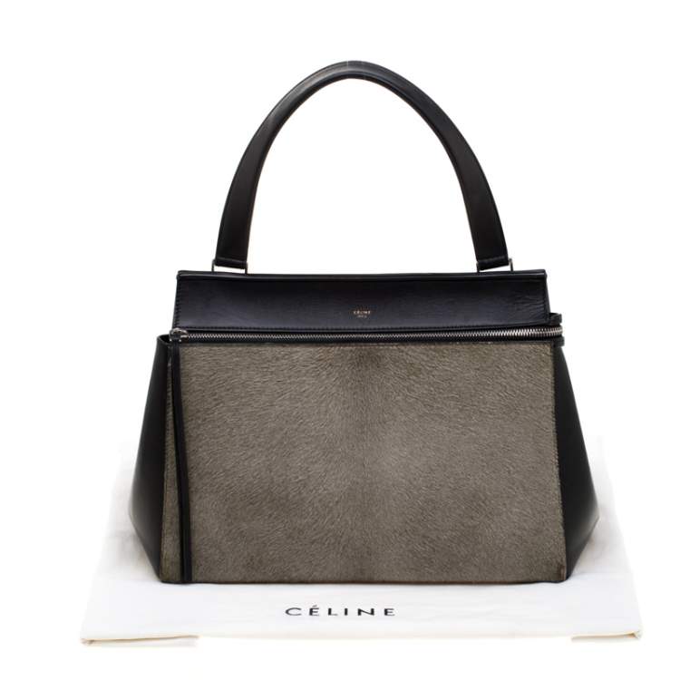 Pre Owned Celine Black/Grey Leather and Calf Hair Medium Edge Top Handle Bag