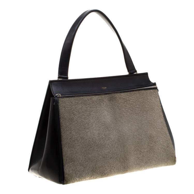 Pre Owned Celine Black/Grey Leather and Calf Hair Medium Edge Top Handle Bag