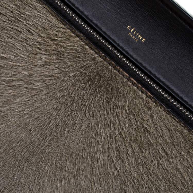 Pre Owned Celine Black/Grey Leather and Calf Hair Medium Edge Top Handle Bag