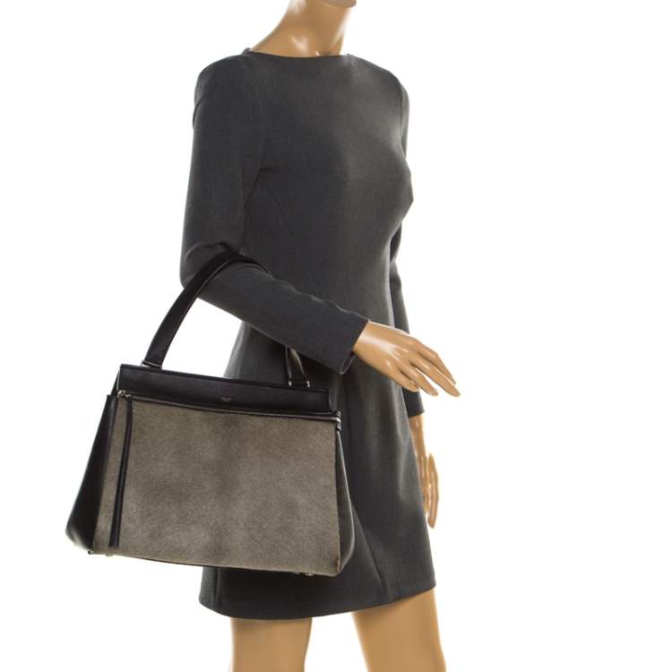 Pre Owned Celine Black/Grey Leather and Calf Hair Medium Edge Top Handle Bag