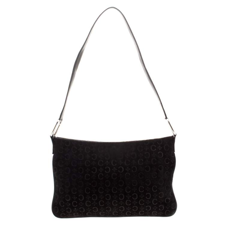 Pre Owned Celine Black C Logo Embossed Suede and Leather Shoulder Bag