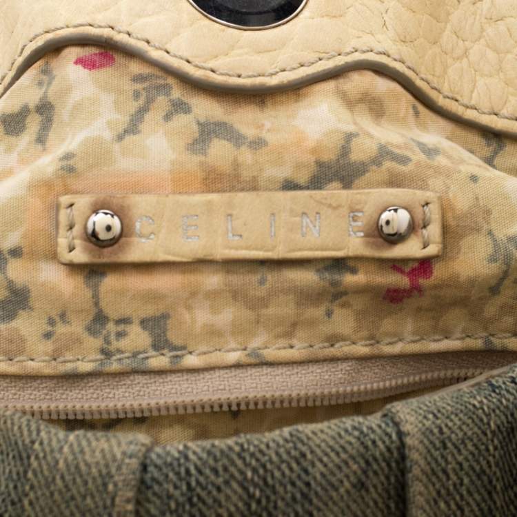 Pre Owned Celine Blue Macadam Denim and Croc Embossed Leather Tote