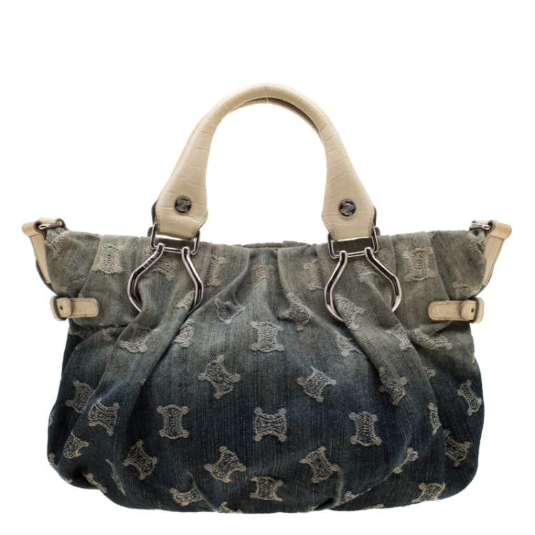 Pre Owned Celine Blue Macadam Denim and Croc Embossed Leather Tote