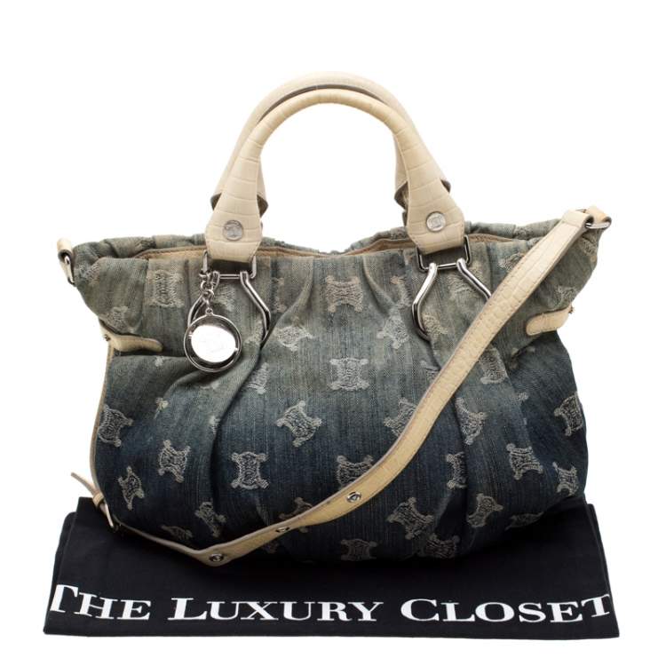 Pre Owned Celine Blue Macadam Denim and Croc Embossed Leather Tote