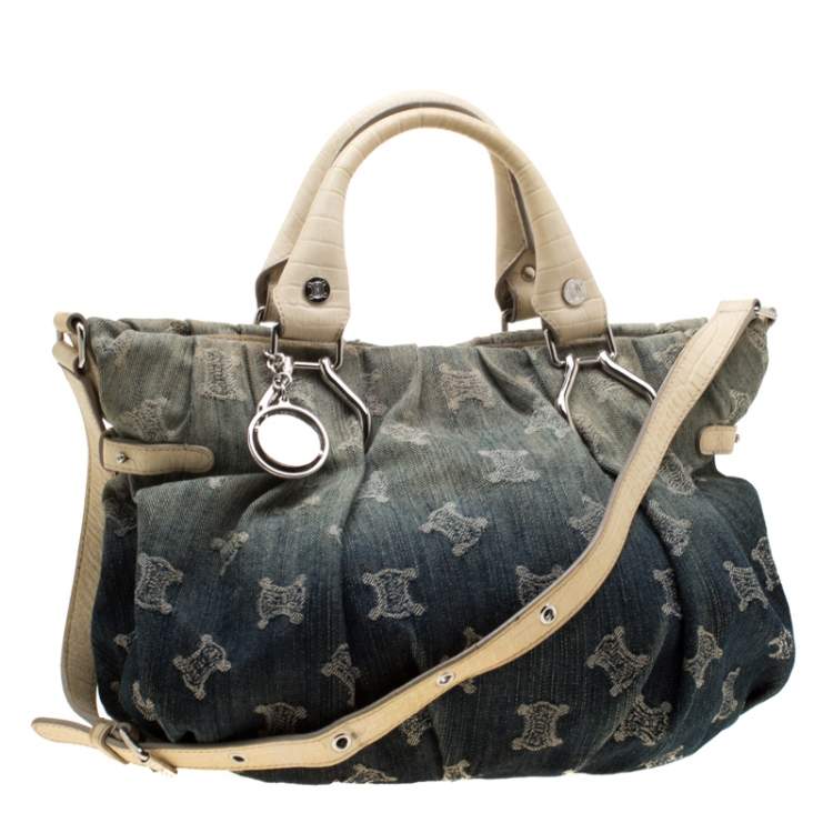 Pre Owned Celine Blue Macadam Denim and Croc Embossed Leather Tote
