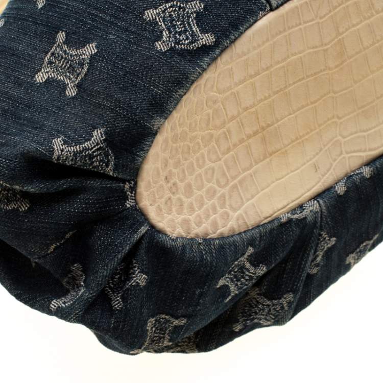 Pre Owned Celine Blue Macadam Denim and Croc Embossed Leather Tote