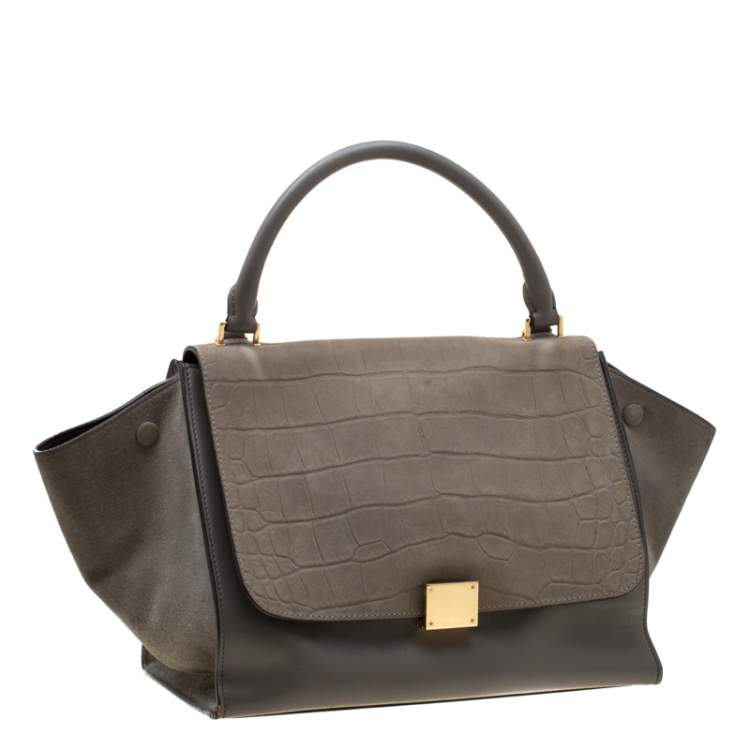 Pre Owned Celine Grey Croc Embossed Leather and Suede Medium Trapeze Top Handle Bag
