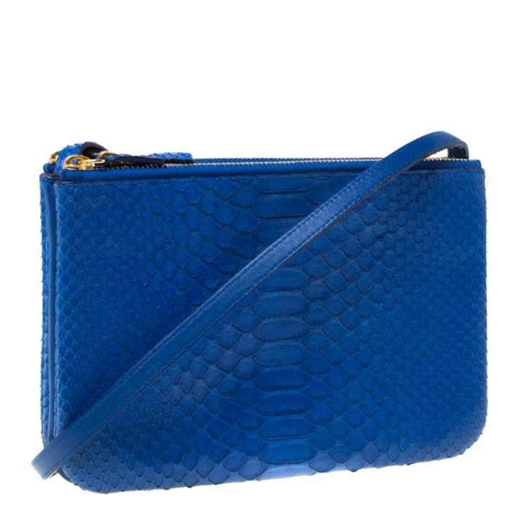 Pre Owned Celine Blue Python Leather Small Trio Crossbody Bag 