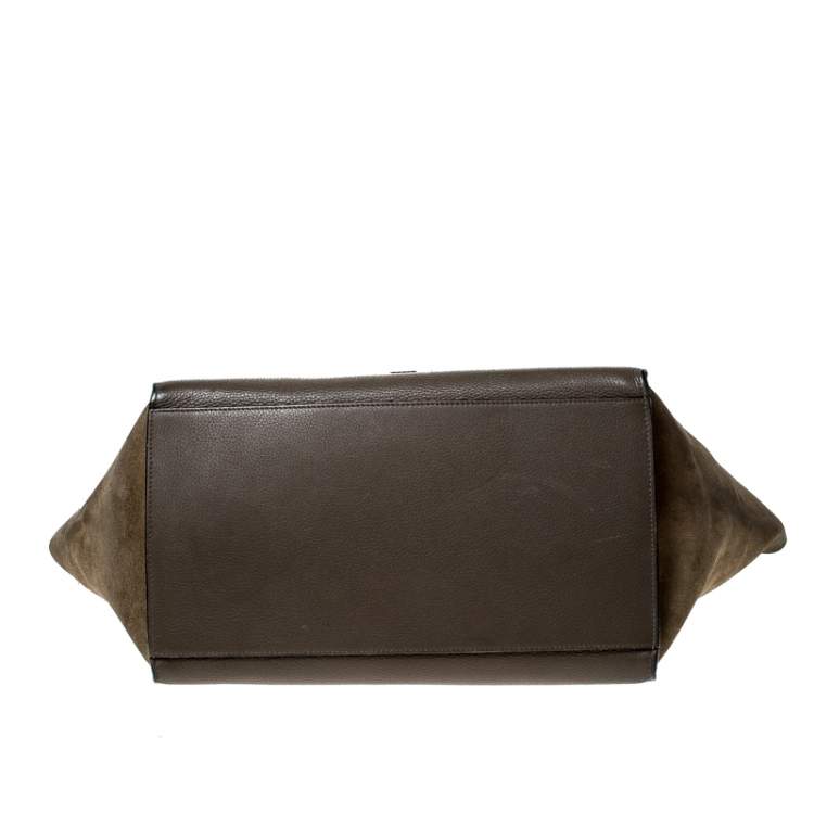 Pre Owned Celine Olive Green Leather and Suede Medium Trapeze Top Handle Bag