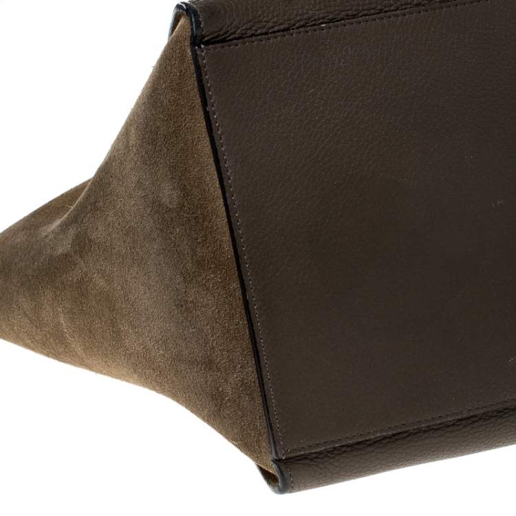 Pre Owned Celine Olive Green Leather and Suede Medium Trapeze Top Handle Bag