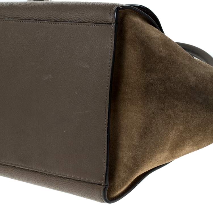 Pre Owned Celine Olive Green Leather and Suede Medium Trapeze Top Handle Bag