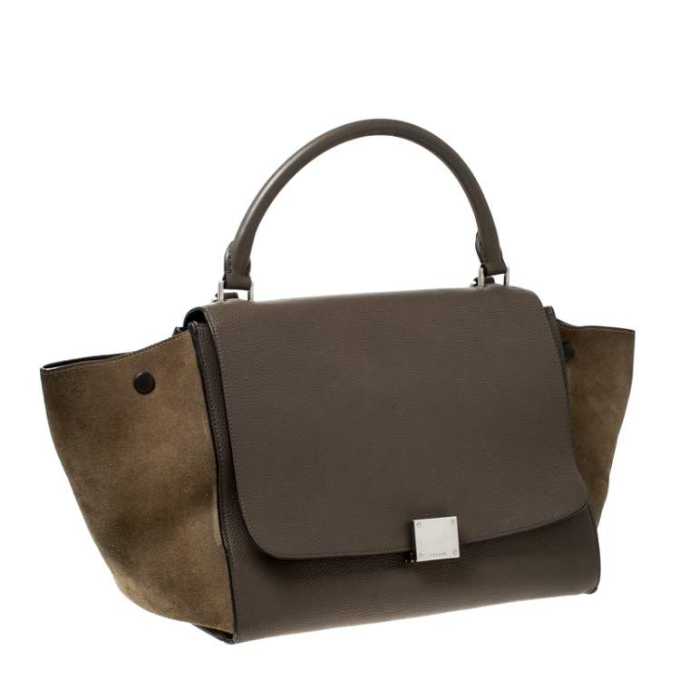 Pre Owned Celine Olive Green Leather and Suede Medium Trapeze Top Handle Bag