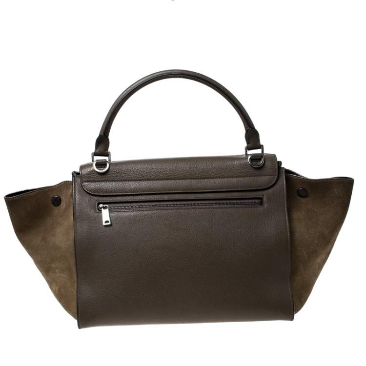 Pre Owned Celine Olive Green Leather and Suede Medium Trapeze Top Handle Bag