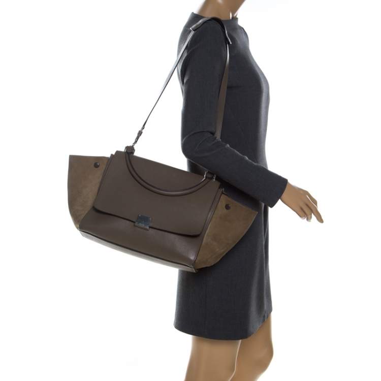 Pre Owned Celine Olive Green Leather and Suede Medium Trapeze Top Handle Bag
