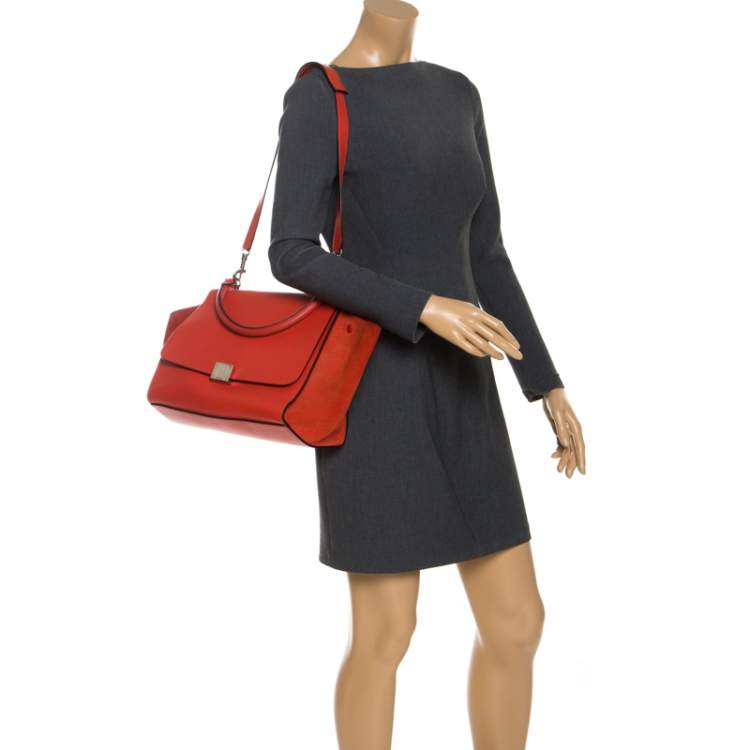 Pre Owned Celine Orange Leather and Suede Medium Trapeze Bag