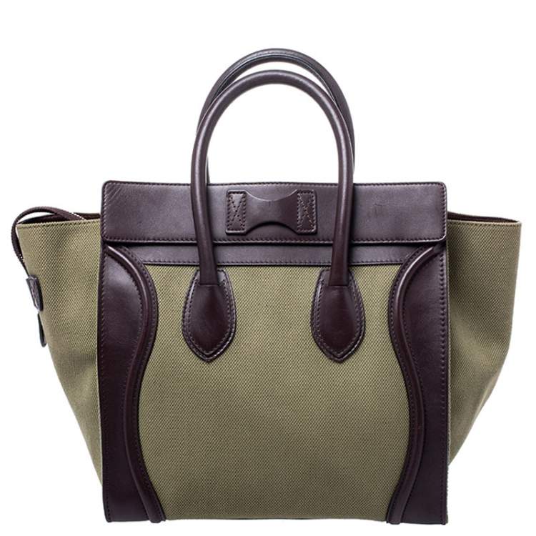 Pre Owned Celine Burgundy/Green Canvas and Leather Mini Luggage Tote