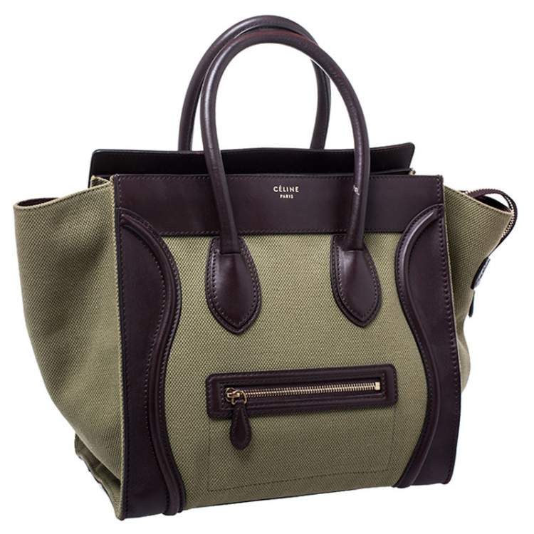 Pre Owned Celine Burgundy/Green Canvas and Leather Mini Luggage Tote