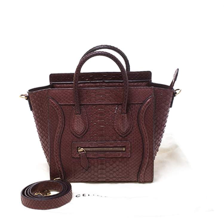 Pre Owned Celine Dark Burgundy Python Nano Luggage Tote