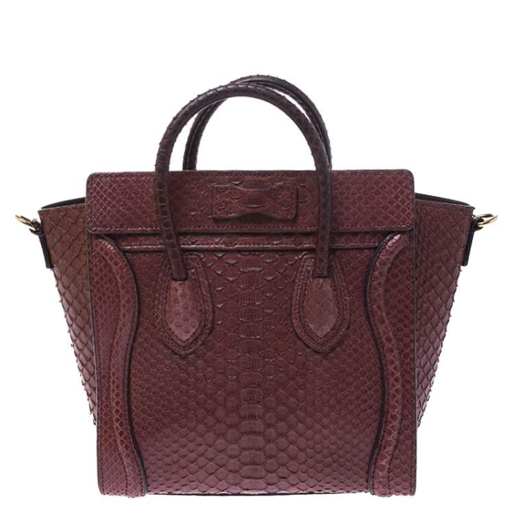 Pre Owned Celine Dark Burgundy Python Nano Luggage Tote
