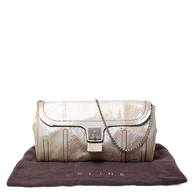 Pre Owned Celine Beige Python Chain Flap Shoulder Bag