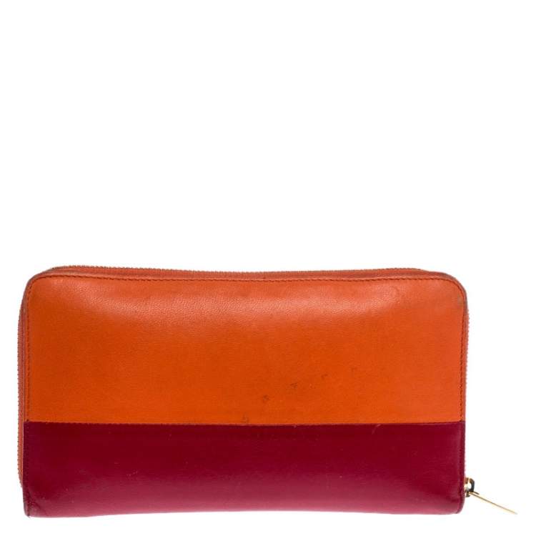 Pre Owned Celine Orange/Red Leather Zip Around Wallet