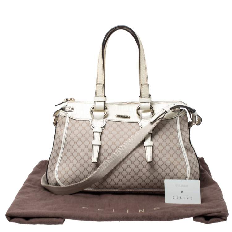 Pre Owned Celine White/Beige Macadam Canvas and Croc Embossed Leather Shoulder Bag
