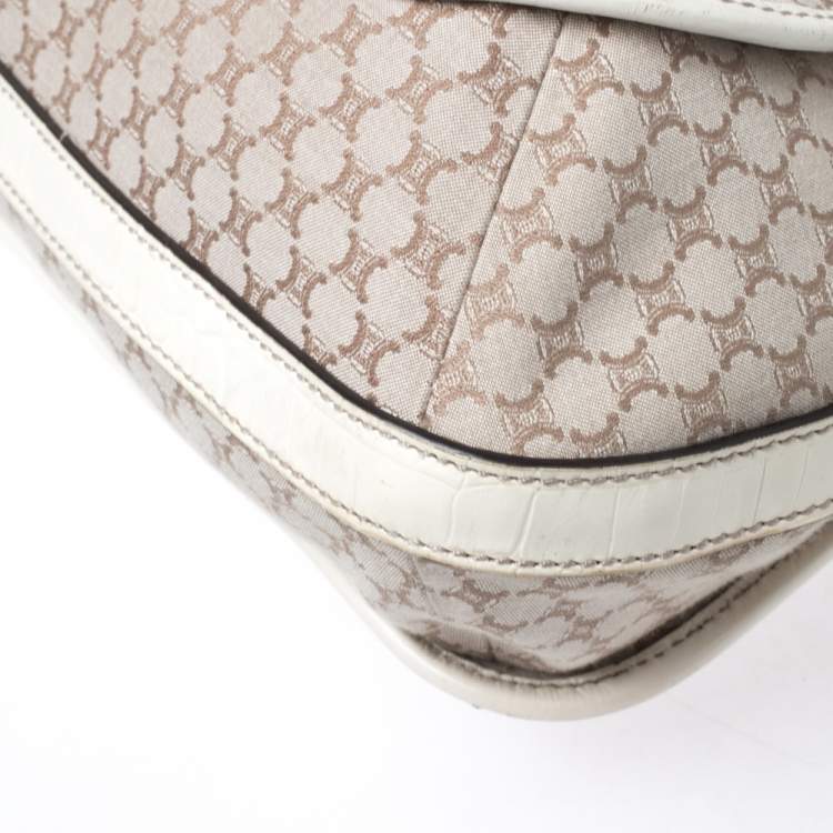 Pre Owned Celine White/Beige Macadam Canvas and Croc Embossed Leather Shoulder Bag