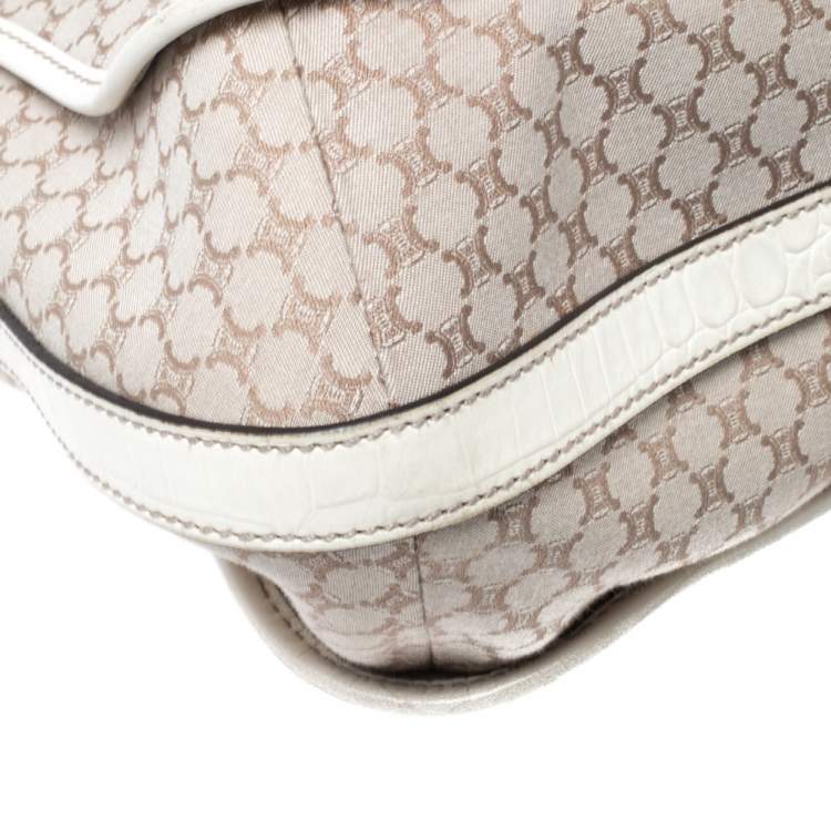 Pre Owned Celine White/Beige Macadam Canvas and Croc Embossed Leather Shoulder Bag
