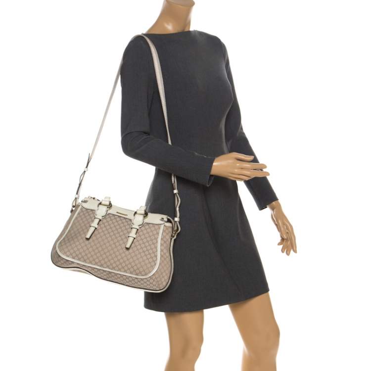 Pre Owned Celine White/Beige Macadam Canvas and Croc Embossed Leather Shoulder Bag