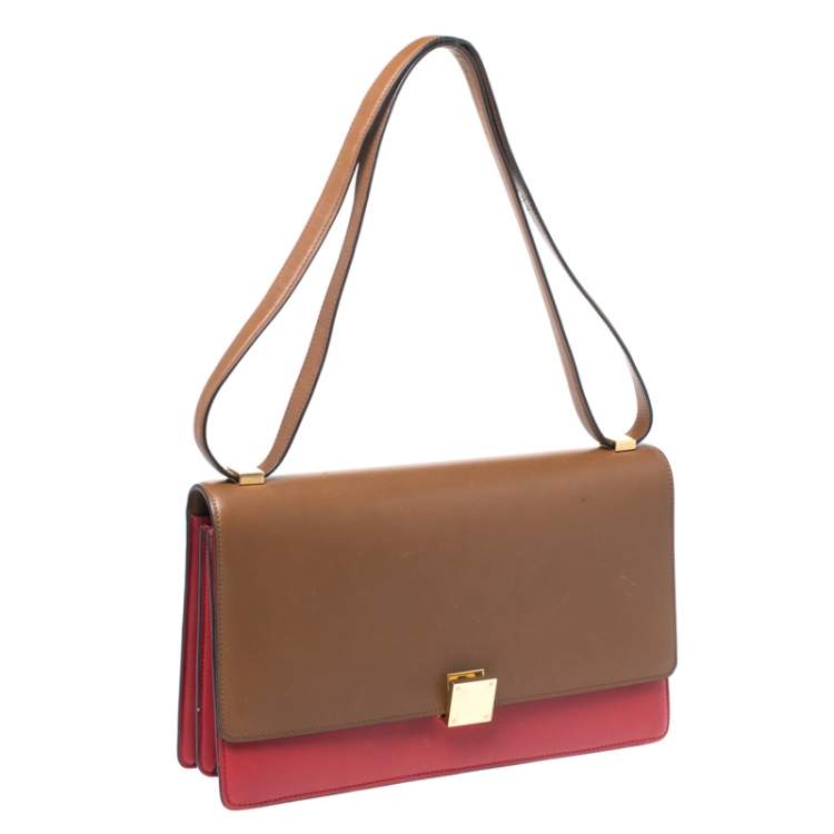 Pre Owned Celine Brown/Red Leather Large Classic Box Bag