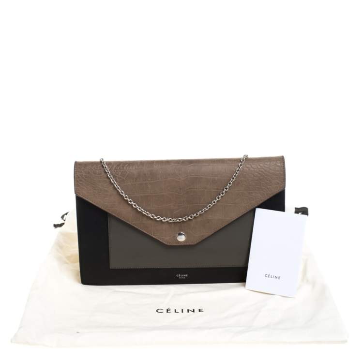Pre Owned Celine Tri Color Leather and Patent Leather Pocket Clutch on Chain