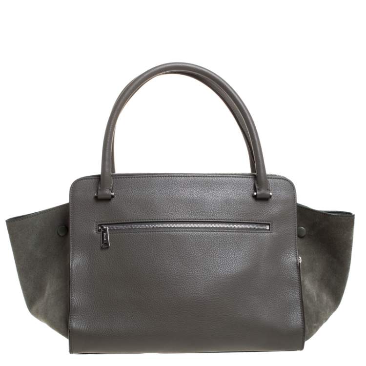 Pre Owned Celine Olive Green Leather Double Zip Trapeze Top Handle Bag