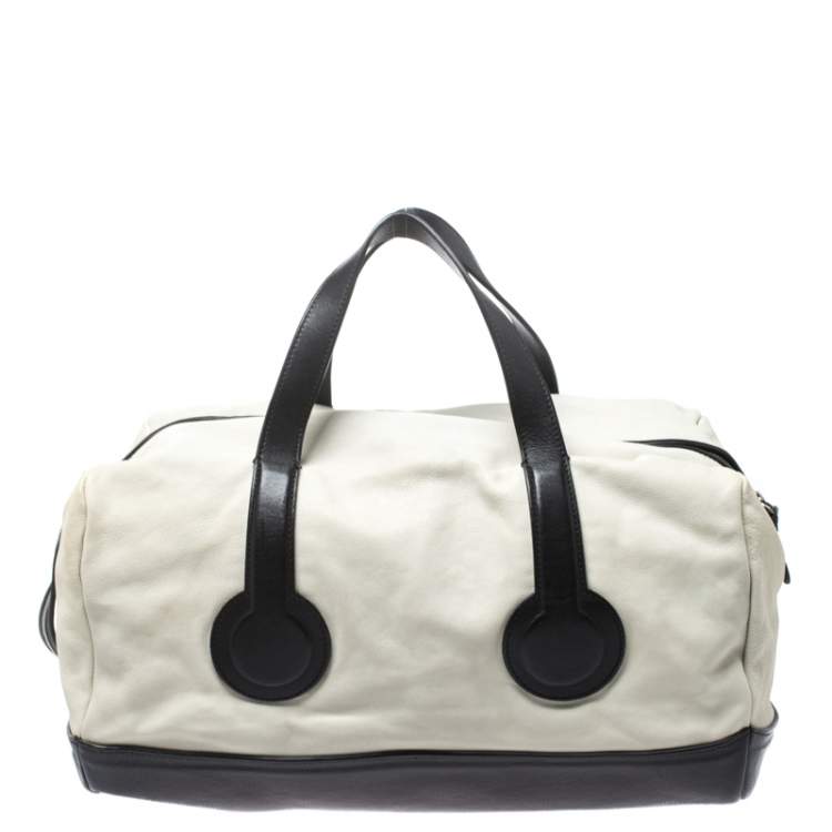 Pre Owned Celine White/Black Leather Vintage Weekender Bag
