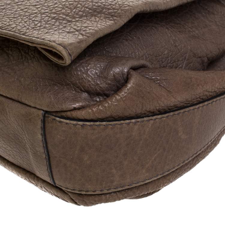 Pre Owned Celine Dark Beige Pebbled Leather Trunlock Flap Chain Bag