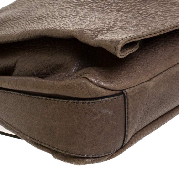 Pre Owned Celine Dark Beige Pebbled Leather Trunlock Flap Chain Bag