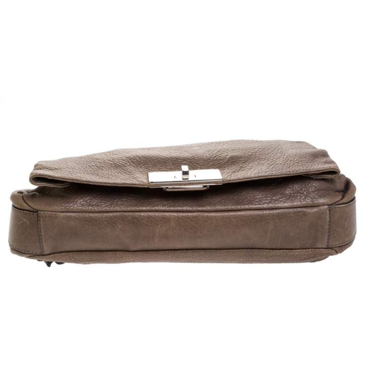 Pre Owned Celine Dark Beige Pebbled Leather Trunlock Flap Chain Bag