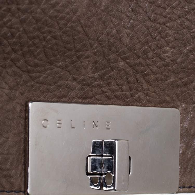 Pre Owned Celine Dark Beige Pebbled Leather Trunlock Flap Chain Bag