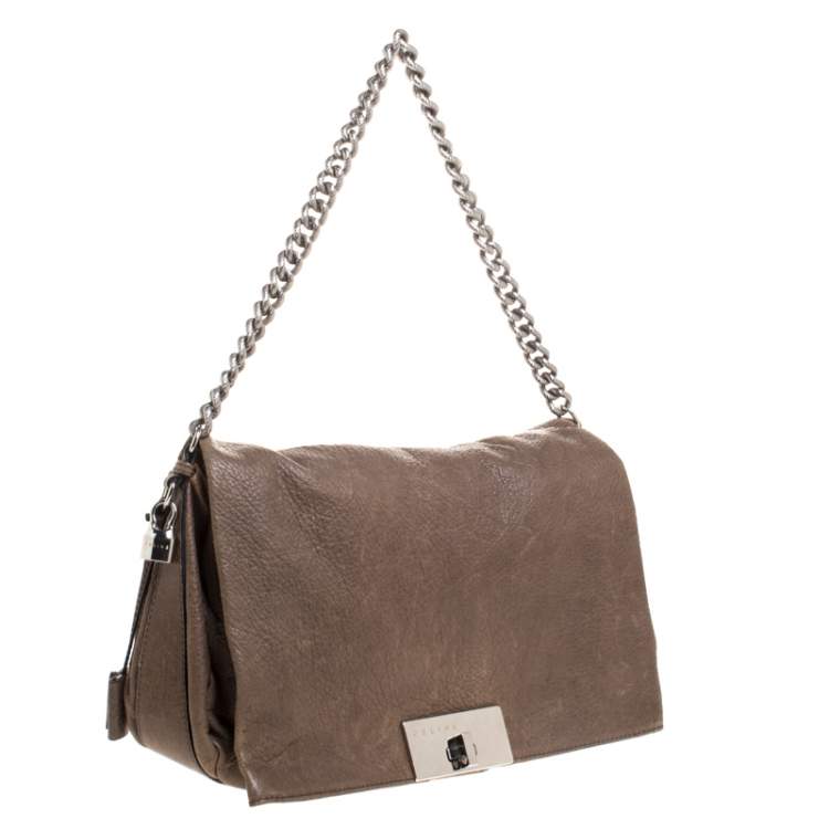 Pre Owned Celine Dark Beige Pebbled Leather Trunlock Flap Chain Bag