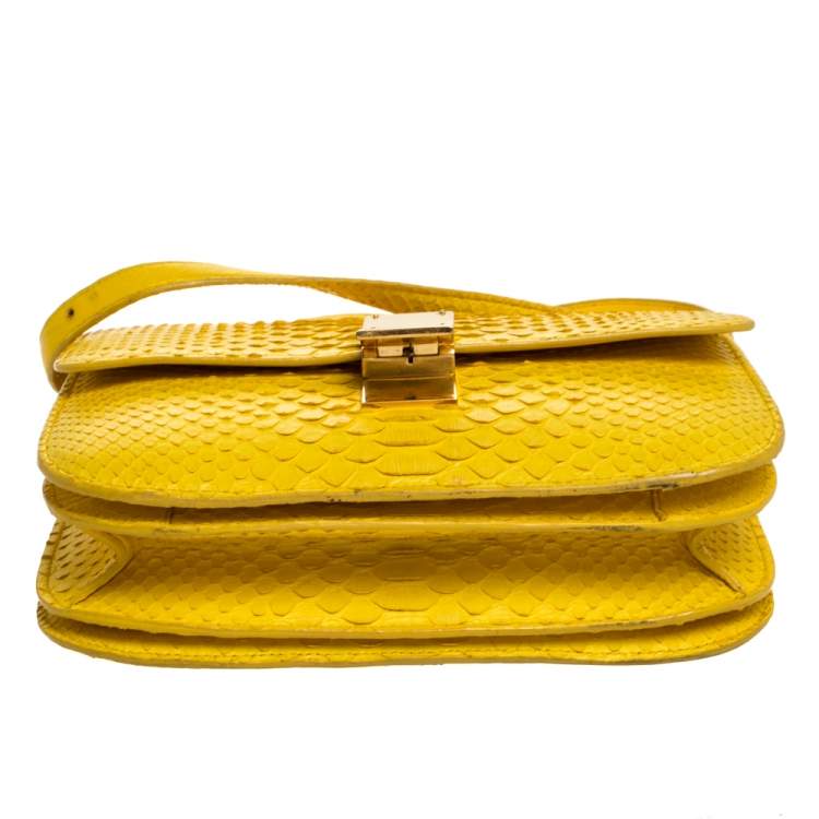 Pre Owned Celine Yellow Python Medium Classic Box Shoulder Bag