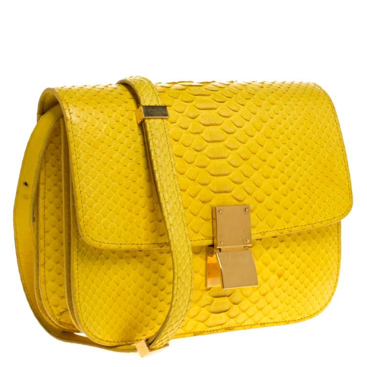 Pre Owned Celine Yellow Python Medium Classic Box Shoulder Bag