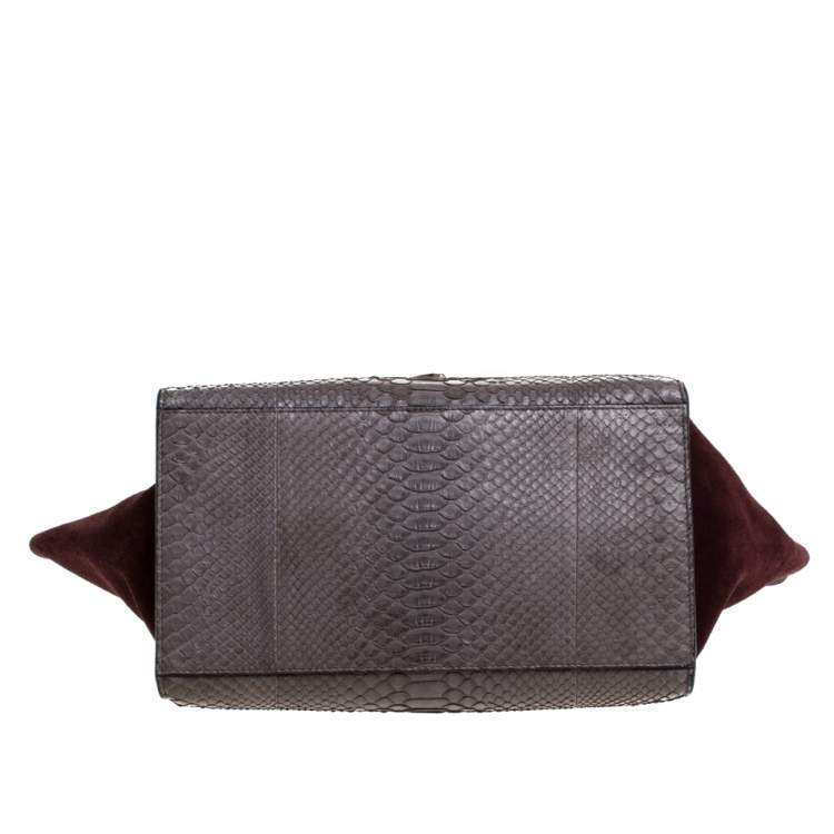 Pre Owned Celine Burgundy/Grey Python and Suede Medium Trapeze Tote