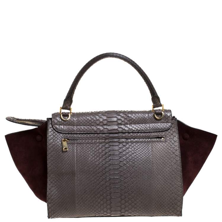 Pre Owned Celine Burgundy/Grey Python and Suede Medium Trapeze Tote