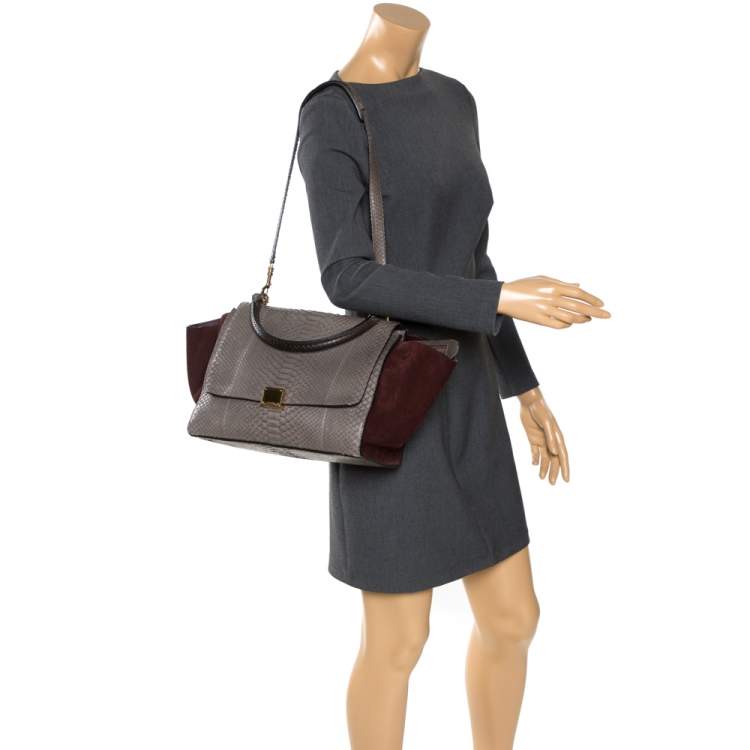 Pre Owned Celine Burgundy/Grey Python and Suede Medium Trapeze Tote