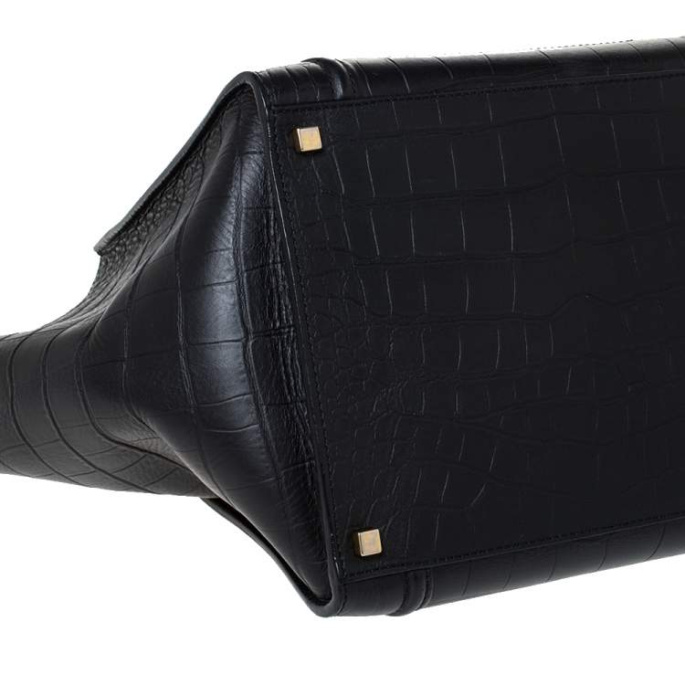 Pre Owned Celine Black Croc Embossed Leather Medium Phantom Luggage Tote 