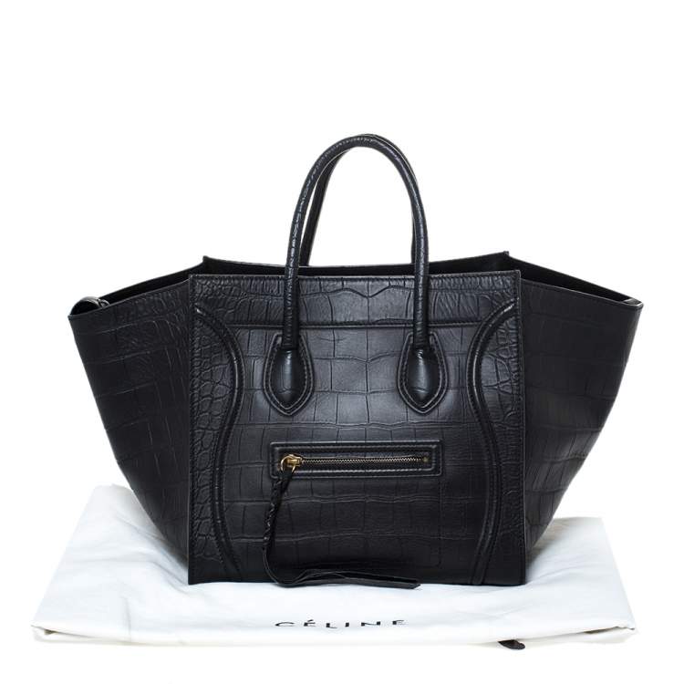 Pre Owned Celine Black Croc Embossed Leather Medium Phantom Luggage Tote 