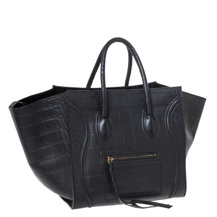 Pre Owned Celine Black Croc Embossed Leather Medium Phantom Luggage Tote 