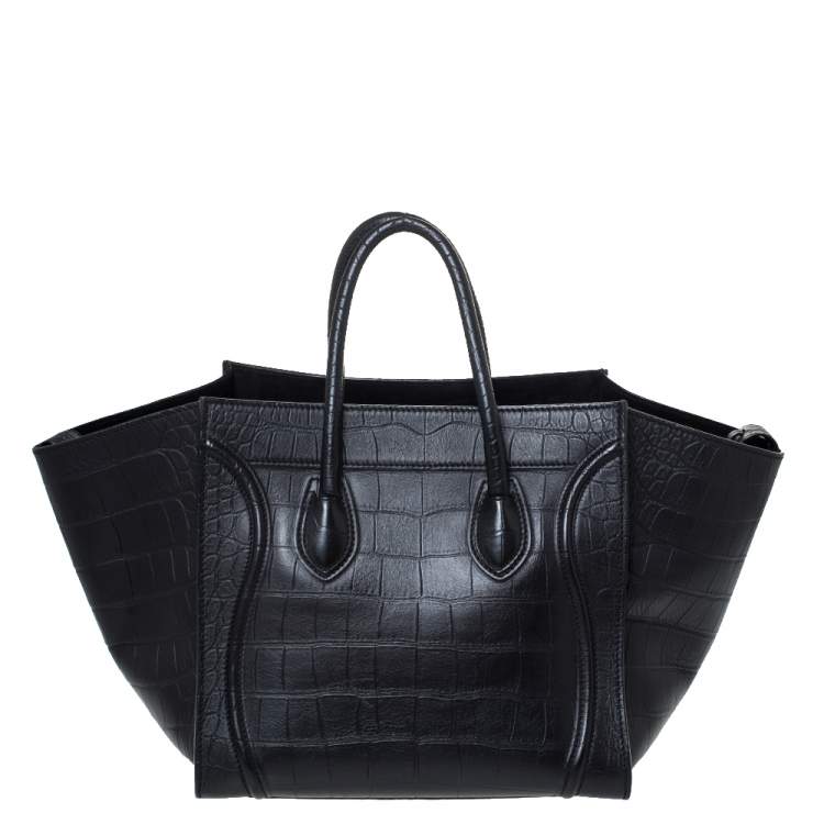 Pre Owned Celine Black Croc Embossed Leather Medium Phantom Luggage Tote 